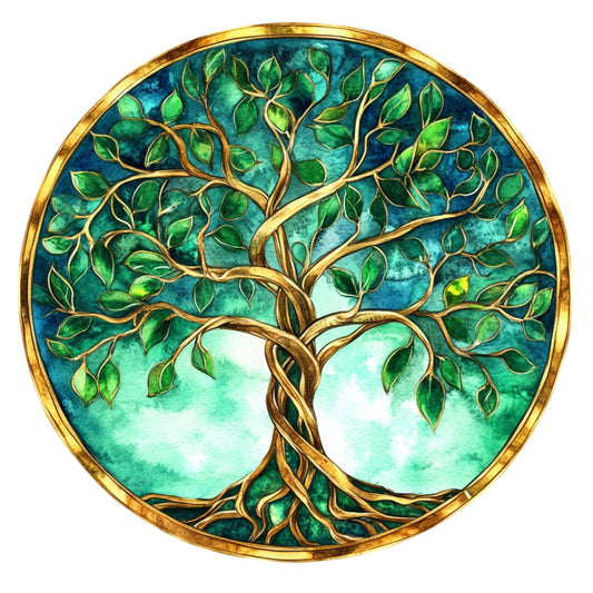 tree of life, gold metallic, turquoise, teal blue, forest green, sage green, aqua, nature, botanical, leaves, branches, roots, circular design, mandala, spiritual, zen, peaceful, elegant, modern, celtic, gold accents, mystical, tree motif, home decor, wall hanging, medallion pattern, earthy tones, natural theme, meditation, wellness