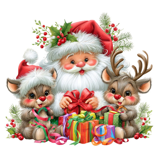santa claus, reindeer, christmas, holiday, red, white, cream, forest green, gold, coral pink, festive, whimsical, cheerful, animals, cute, jolly, gift boxes, ribbons, holly berries, evergreen, traditional, vintage, children's, decorative, seasonal, winter, gift giving, playful, nostalgic