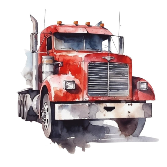 red truck, watercolor painting, semi truck, transportation, orange accents, gray shadows, chrome details, big rig, freight truck, commercial vehicle, automotive art, watercolor style, fabric panel, quilting cotton, boys room, truck theme, vehicle design, painted artwork, trucking motif