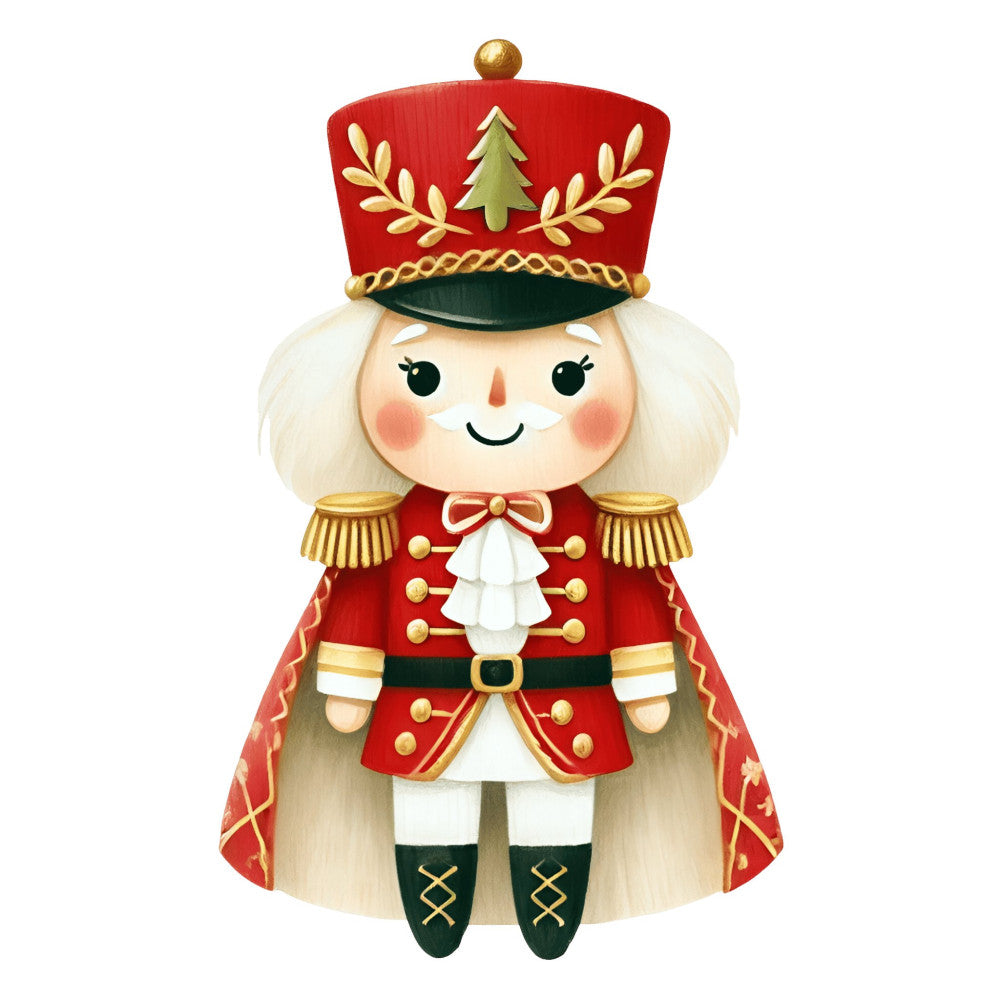 nutcracker, christmas, holiday, red, gold, cream, white, green, military, soldier, festive, whimsical, vintage, traditional, elegant, retro, decorative, toy soldier, winter, seasonal, christmas decoration, children's, playful, classic, nostalgic, pine tree, epaulettes, character panel, fabric panel