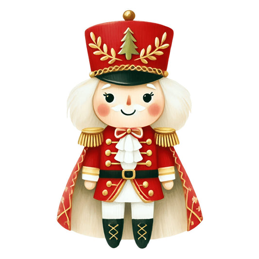nutcracker, christmas, holiday, red, gold, cream, white, green, military, soldier, festive, whimsical, vintage, traditional, elegant, retro, decorative, toy soldier, winter, seasonal, christmas decoration, children's, playful, classic, nostalgic, pine tree, epaulettes, character panel, fabric panel