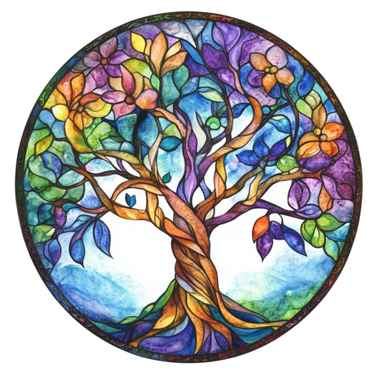 stained glass, tree of life, multicolor, rainbow, purple, blue, orange, yellow, green, turquoise, floral, nature, botanical, leaves, branches, roots, whimsical, artistic, bohemian, spiritual, celestial, vibrant, colorful, spring, summer, wall hanging, home decor, meditation, mandala-inspired, watercolor effect