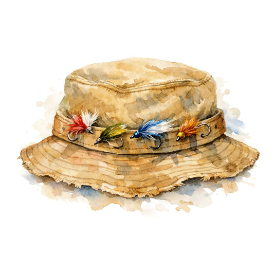 fishing hat, fishing lures, rustic, vintage, tan, beige, cream, khaki, brown, red, blue, yellow, orange, nature, outdoor, sportsman, fishing theme, whimsical, watercolor, hand-painted, fishing flies, casual, country, masculine, cabin decor, adventure, summer, father's day, wall hanging, hobby themed