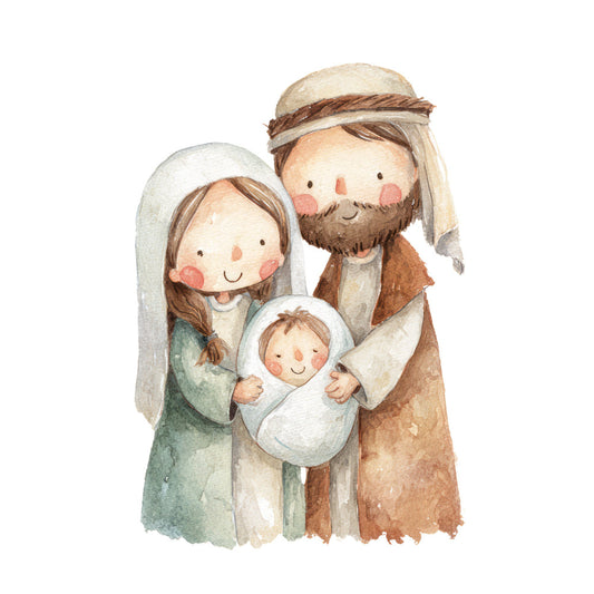 nativity, holy family, christmas, religious, spiritual, baby jesus, joseph, mary, infant, beige, cream, tan, brown, sage green, soft colors, watercolor, gentle, whimsical, sweet, tender, illustrative, children's, holiday, winter, faith, tender moment, manger scene, peaceful, calm, nursery