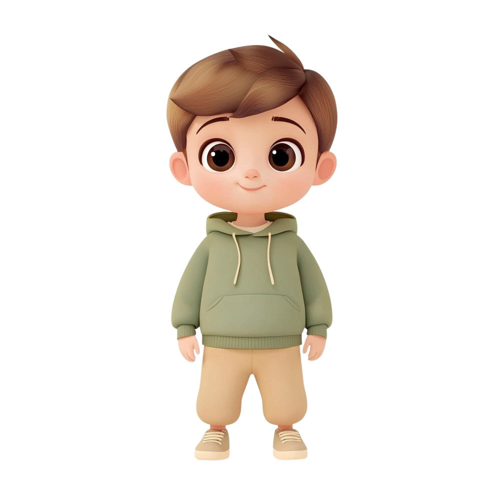sage green, tan, beige, brown hair, cute boy, cartoon character, children's fabric, kids clothing, kawaii, playful, whimsical, character panel, boy character, hoodie, casual wear, friendly face, big eyes, child-themed, nursery, playroom decor, apparel fabric, character design, illustration style, modern children's, cute print, youth fashion, trendy kids, casual clothing panel