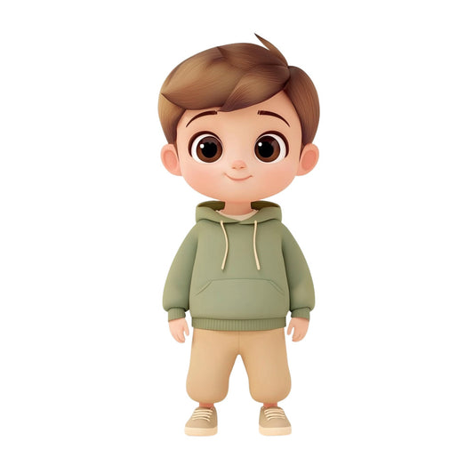sage green, tan, beige, brown hair, cute boy, cartoon character, children's fabric, kids clothing, kawaii, playful, whimsical, character panel, boy character, hoodie, casual wear, friendly face, big eyes, child-themed, nursery, playroom decor, apparel fabric, character design, illustration style, modern children's, cute print, youth fashion, trendy kids, casual clothing panel