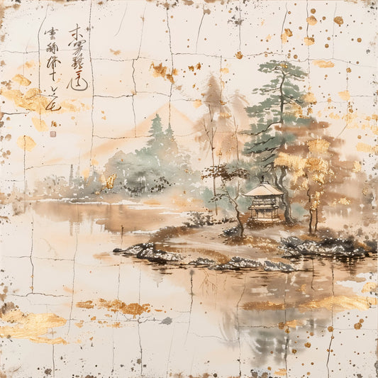 asian landscape, rice paper texture, watercolor style, pagoda, mountains, lake reflection, pine trees, calligraphy text, aged paper, earth tones, beige, sage green, golden brown, misty atmosphere, fabric panel, quilting cotton, serene scene, oriental art, distressed finish, nature motifs