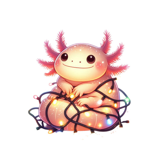 pink, coral, yellow, cream, white, rainbow lights, axolotl, salamander, cute cartoon, kawaii style, feathery gills, christmas lights, holiday theme, fabric panel, quilting cotton, adorable character, soft pastels, whimsical design, festive lighting, animal illustration