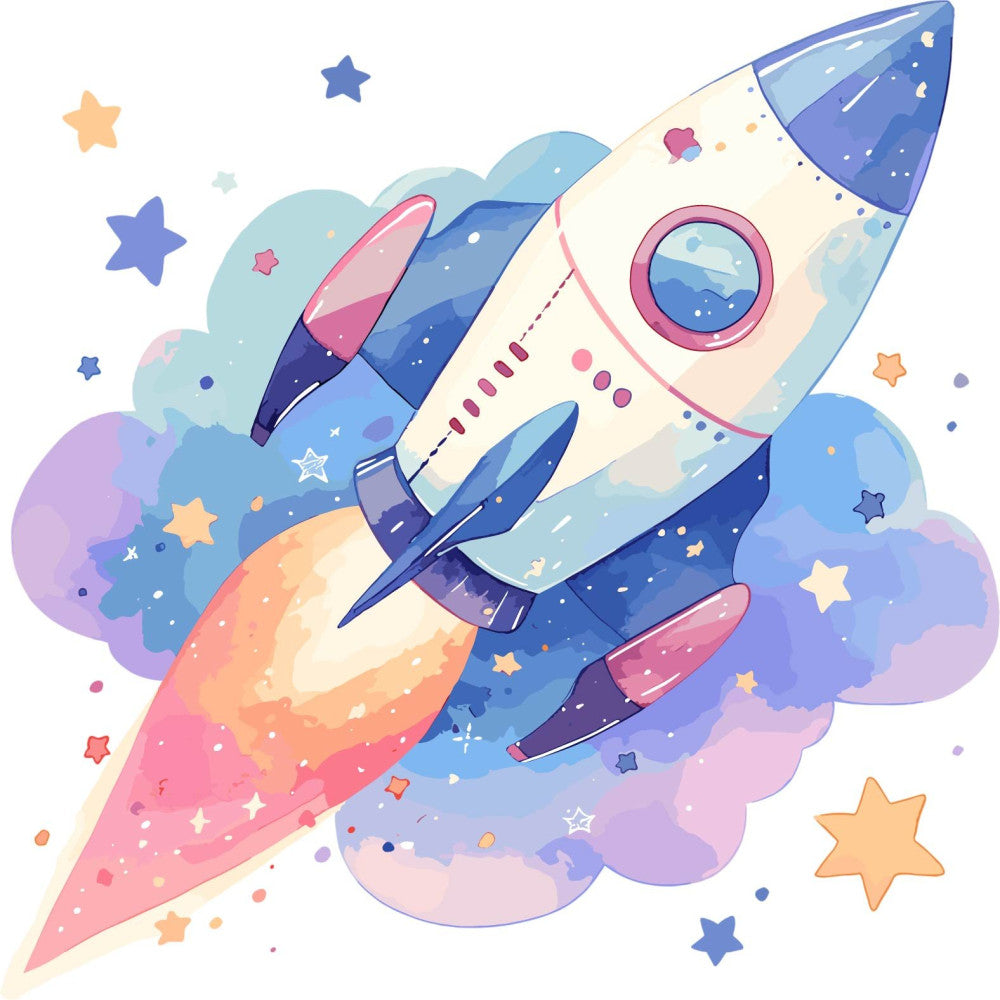 rocket, space, celestial, stars, clouds, whimsical, children's, nursery, baby, pastel pink, coral pink, navy blue, periwinkle, lavender, cream, orange, gold, gradient, illustration, modern, playful, adventure, exploration, cosmic, dreamy, magical, gender neutral, youth, animated style