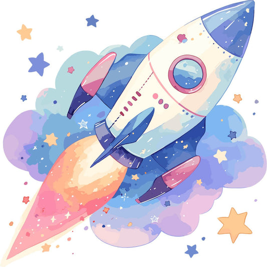 rocket, space, celestial, stars, clouds, whimsical, children's, nursery, baby, pastel pink, coral pink, navy blue, periwinkle, lavender, cream, orange, gold, gradient, illustration, modern, playful, adventure, exploration, cosmic, dreamy, magical, gender neutral, youth, animated style