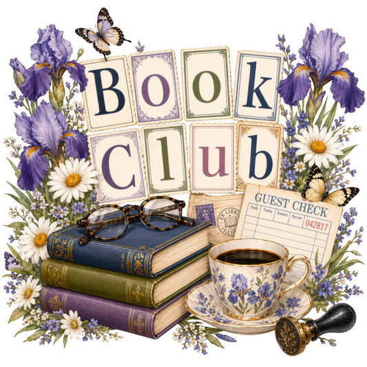 book club, purple iris, white daisy, navy blue, gold accents, floral, botanical, vintage books, reading, literary, butterflies, insects, teacup, coffee, glasses, decorative ornaments, elegant, whimsical, traditional, spring, literary theme, book lover, stacked books, nature motif, purple flowers, white flowers, lavender, cream background, ornate details, library