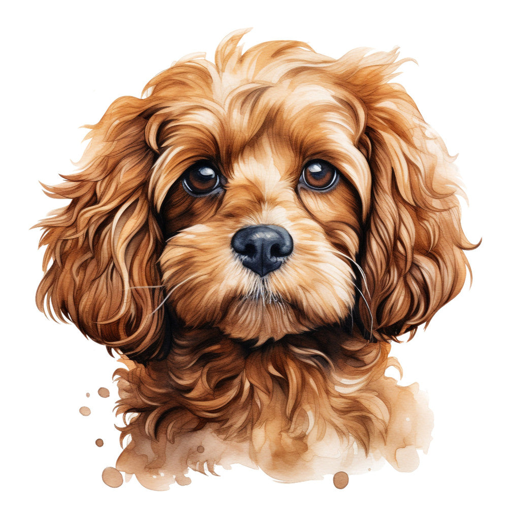 dog portrait, spaniel, cocker spaniel, puppy, pet lover, animal illustration, watercolor dog, brown and white, tan and cream, apricot, honey brown, chocolate brown, realistic pet portrait, dog face, adorable puppy, whimsical style, children's fabric, nursery, pet themed, animal lover gift, cute animals, dog breed, friendly dog, expressive eyes, detailed illustration, portrait panel, nature inspired, warm tones, soulful expression