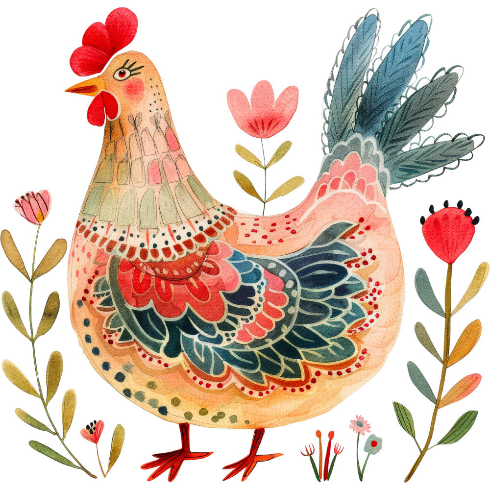 Folk Chicken Fabric Panel 7