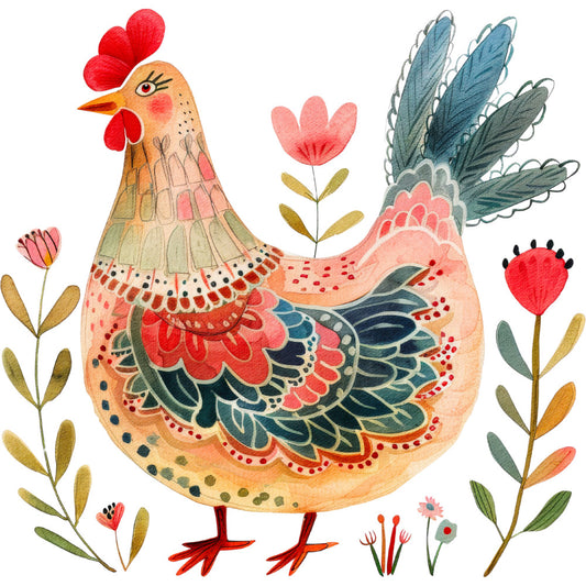 Folk Chicken Fabric Panel 7