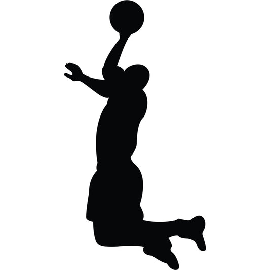 basketball player, sports silhouette, black, monochrome, athletic, jumping, sports themed, sports motif, basketball, slam dunk, athletic wear, modern, contemporary, sports fan, basketball court, masculine, dynamic action, jumping pose, sports illustration, silhouette art, black and white, high contrast, sports gift, basketball player silhouette, athletic design, action pose, sports decor, modern sports, basketball enthusiast