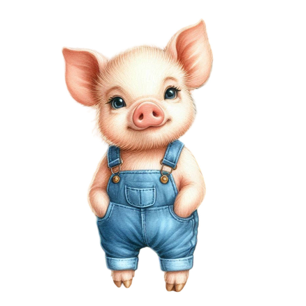 cute pig, denim overalls, farmhouse, farm animals, denim blue, cream white, coral pink, whimsical, children's, baby, nursery, animals, livestock, playful, charming, cottage core, rustic, vintage, adorable, character print, standing pig, blue overalls, country, rural, sweet, innocent, friendly, pastoral, storybook, illustration style