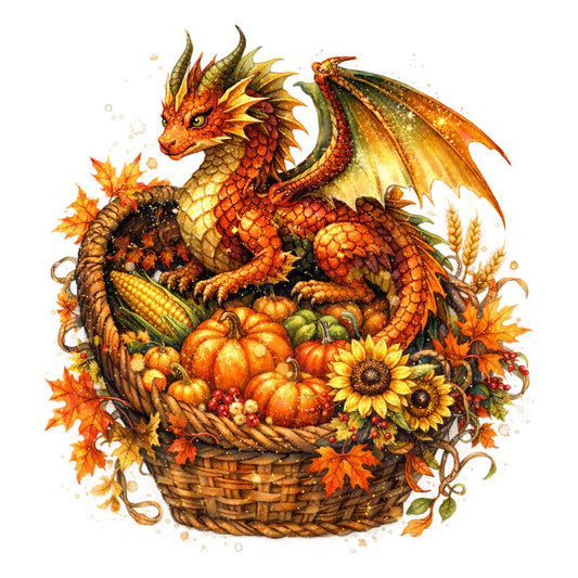autumn dragon, fall harvest, orange dragon, golden yellow, burnt orange, rust, deep red, harvest basket, pumpkins, corn, sunflowers, autumn leaves, seasonal, fall themed, harvest season, fantasy creature, mythical beast, dragon illustration, cornucopia, autumn colors, warm tones, thanksgiving, nature inspired, whimsical style, rustic charm, detailed artwork, decorative panel, wall hanging, seasonal decor, fall festival