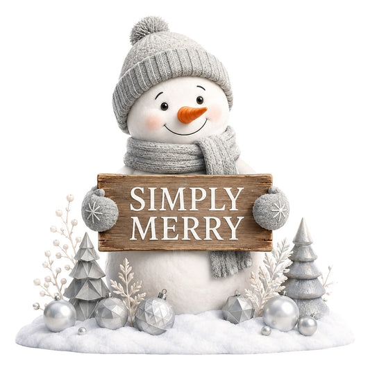 winter snowman, christmas holiday, gray, white, silver, cream, orange, whimsical, festive, cheerful, rustic, wooden sign, seasonal, winter theme, snowflakes, snow, decorative ornaments, pine trees, nature, family friendly, cold weather, greeting card style, nostalgic, joyful, winter wonderland, children's, playful, simply merry, holiday decor