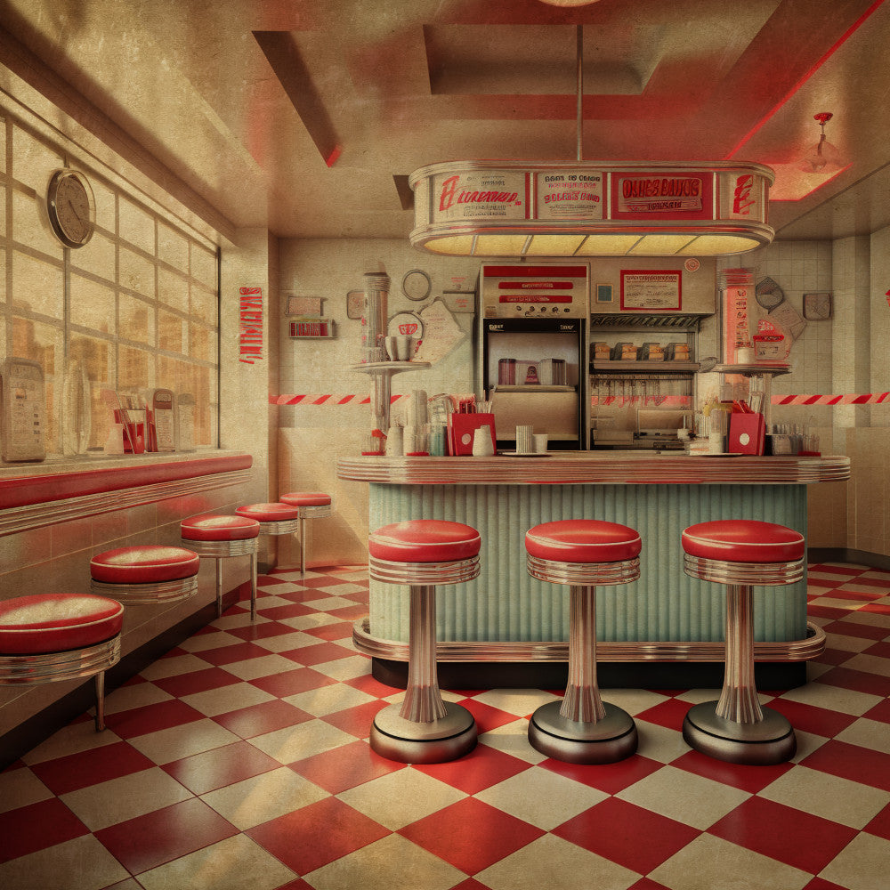 retro diner, red and cream, 1950s aesthetic, vintage diner, chrome accents, checkered floor, mid-century modern, nostalgic, americana, red and white, cream and red, geometric pattern, diamond pattern, checkerboard, diner stools, retro kitchen, vintage americana, 1950s diner, red vinyl, chrome details, retro design, classic diner, vintage kitchen, retro style, timeless design, home decor, wall art, novelty print, architectural, building motif
