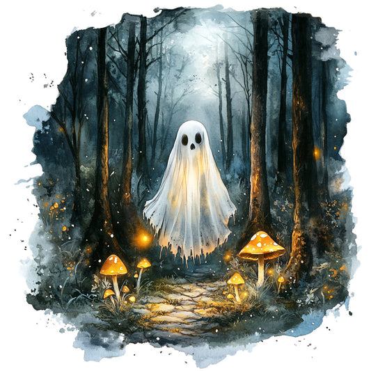 ghost, forest, woodland, dark blue, charcoal gray, cream white, golden yellow, orange glow, mystical, spooky, halloween, autumn, magical, whimsical, enchanted forest, mushrooms, glowing mushrooms, fairy tale, dark academia, moody, atmospheric, nature, trees, bare branches, fantasy, gothic, ethereal, nocturnal, watercolor, wall art