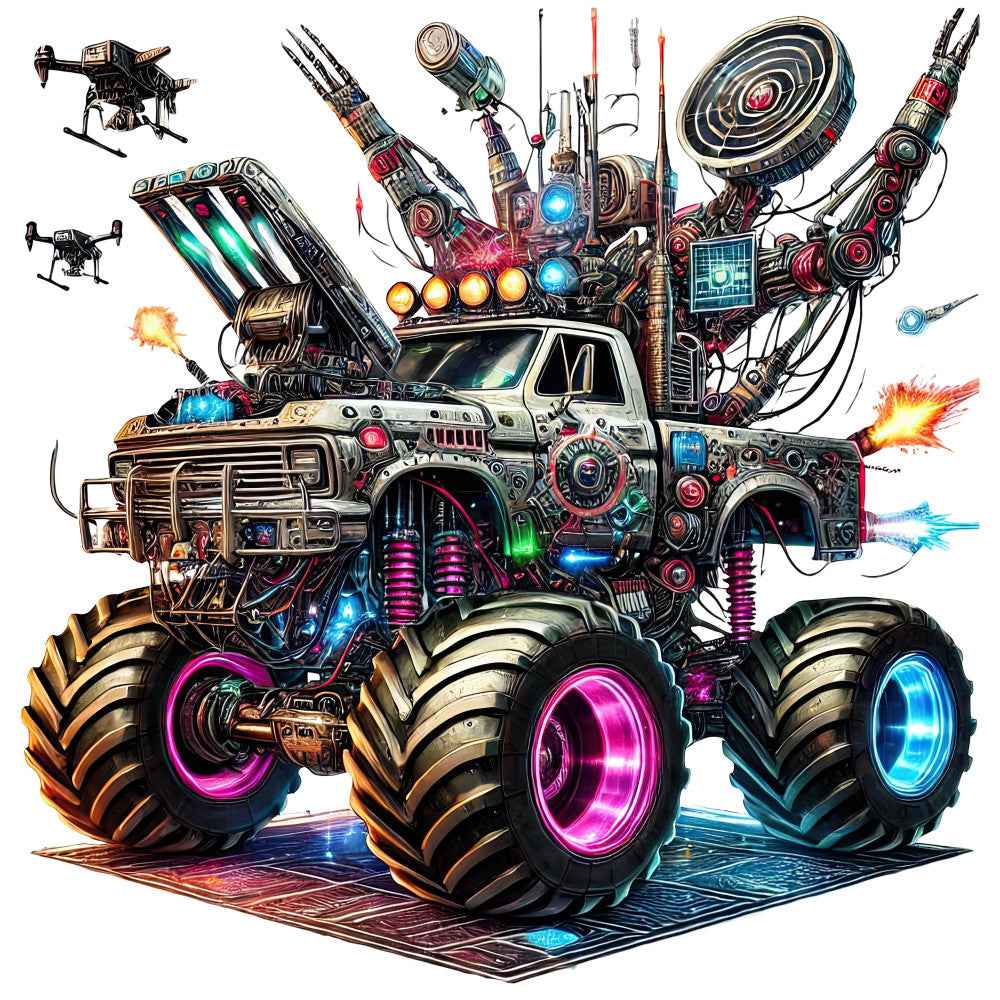 steampunk, cyberpunk, neon, metallic, industrial, futuristic, sci-fi, gears, mechanical, robots, vehicles, trucks, monster trucks, technology, glowing wheels, pink neon, blue neon, gold accents, purple accents, action-packed, bold, vibrant, dystopian, fantasy, adventure, graphic art style, pop art, animated, collectible panel