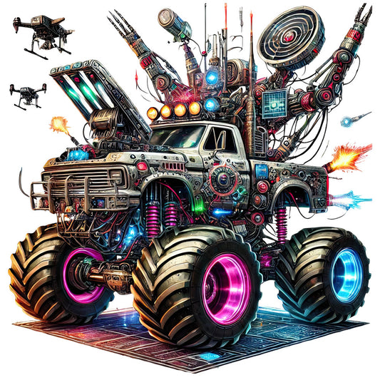 steampunk, cyberpunk, neon, metallic, industrial, futuristic, sci-fi, gears, mechanical, robots, vehicles, trucks, monster trucks, technology, glowing wheels, pink neon, blue neon, gold accents, purple accents, action-packed, bold, vibrant, dystopian, fantasy, adventure, graphic art style, pop art, animated, collectible panel