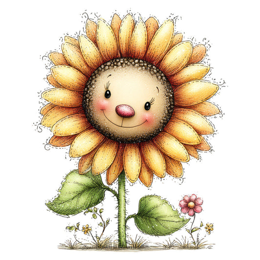 whimsical sunflower, golden yellow, sage green, coral pink, cute face, anthropomorphic flower, nature themed, spring, summer, cheerful, smiling sunflower, children's fabric, baby quilt, whimsical style, botanical print, garden theme, friendly character, hand drawn illustration, watercolor style, rustic charm, farmhouse style, daisy motif, wildflower, natural colors, warm tones, decorative floral, nursery decor, kid's quilt, cottage core, playful design