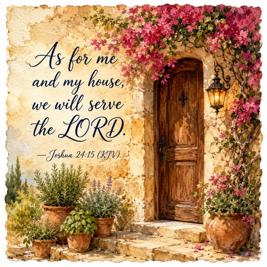 rustic, vintage, farmhouse, cottage core, inspirational quote, religious, biblical verse, joshua 24:15, cream, tan, terracotta, dusty rose, magenta, burgundy, sage green, olive green, floral, climbing flowers, bougainvillea, potted plants, herbs, wooden door, stone wall, mediterranean, tuscan, elegant, traditional, garden theme, spring, summer
