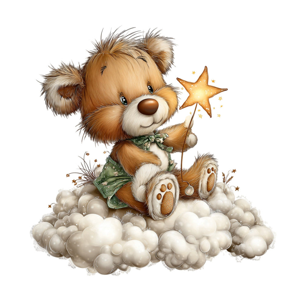 teddy bear, cute animals, children's, nursery, baby, clouds, whimsical, stars, magical, celestial, sage green, cream, tan, brown, soft colors, pastel, gentle, sweet, storybook, fantasy, dreamy, nursery decor, baby quilt, wall hanging, holiday, christmas, soft animals, illustrated, charming, tender