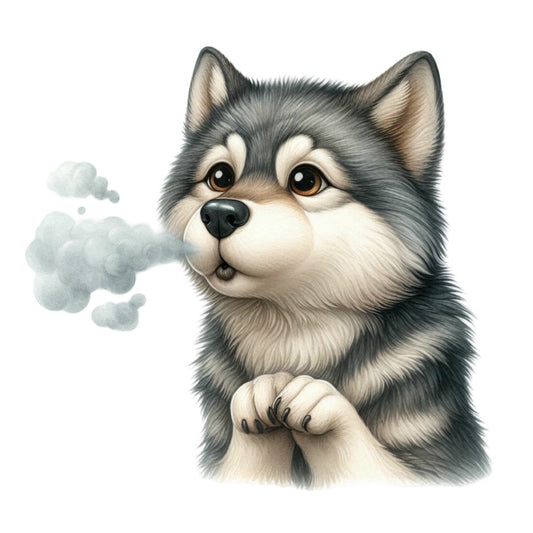 husky, dog, gray and white, charcoal gray, cream white, animal portrait, cute dog, puppy, whimsical, playful, children's, kawaii, adorable pet, dog lover, paw prints, fluffy, long-haired dog, siberian husky, friendly, gentle, kids fabric, nursery, dog breed, pet themed, illustration style, artistic