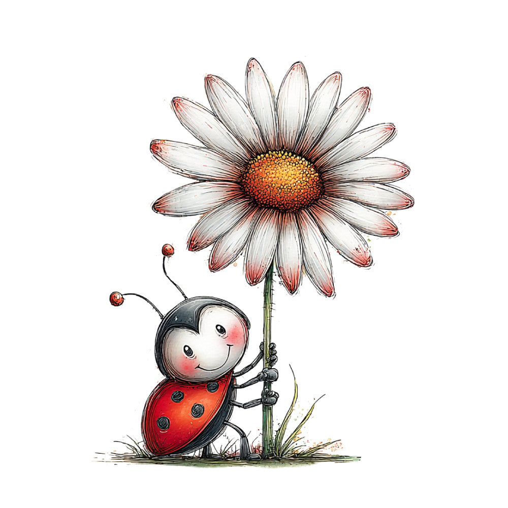 ladybug, daisy, whimsical, nature, spring, summer, children's, cute, red and white, cream white, golden yellow, black accents, floral, insects, garden, playful, charming, illustration, storybook, animals, botanical, cheerful, folk art, vintage, sweet, innocent, baby quilt, wall hanging, kids' fabric, timeless