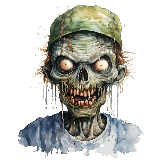zombie, skull, horror, gothic, green cap, bandaged face, undead, spooky, halloween, creepy, dark art, watercolor style, blue-gray, moss green, cream white, rust orange, supernatural, monster, grunge aesthetic, edgy, alternative, macabre, frightening, eerie, dark theme, illustration art, street style, graphic design, indie aesthetic