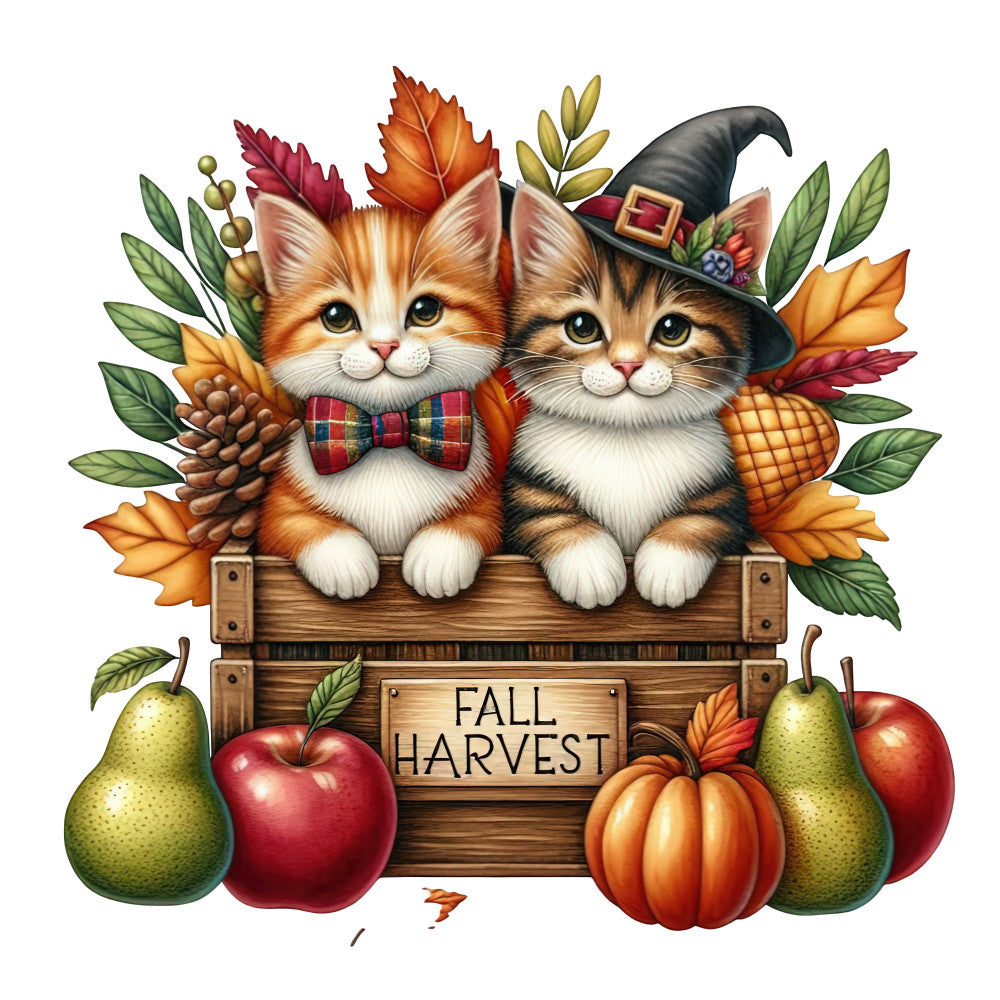 fall harvest, autumn, kittens, cats, cute animals, woodland, plaid, tartan, witch hat, pumpkin, apples, pears, corn, pinecones, leaves, orange, rust, burgundy, gold, green, cream white, whimsical, rustic, farmhouse, harvest theme, seasonal, nature, forest creatures, cozy, thanksgiving