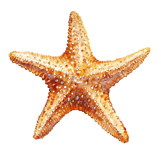 Watercolor Sea Shells Fabric Panel 11 featuring a detailed watercolor starfish design on premium quilting cotton.