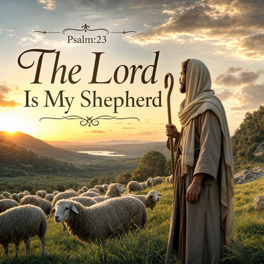 psalm 23, the lord is my shepherd, religious, spiritual, faith, biblical, shepherd, sheep, pastoral, landscape, nature, scenic, sunset, golden hour, warm tones, cream, beige, tan, soft brown, sage green, rustic, traditional, inspirational, scripture, devotional, farmhouse, peaceful, serene, animals, livestock