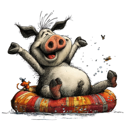happy pig, whimsical animals, playful, children's, farmyard, farm animals, inner tube, water play, summer, cream, coral red, orange, yellow, black ink, cheerful, joyful, fun, countryside, rural, nursery, kids fabric, splashing, animated characters, pig illustration, sweet, cute animals, daytime, colorful, energetic, playful style