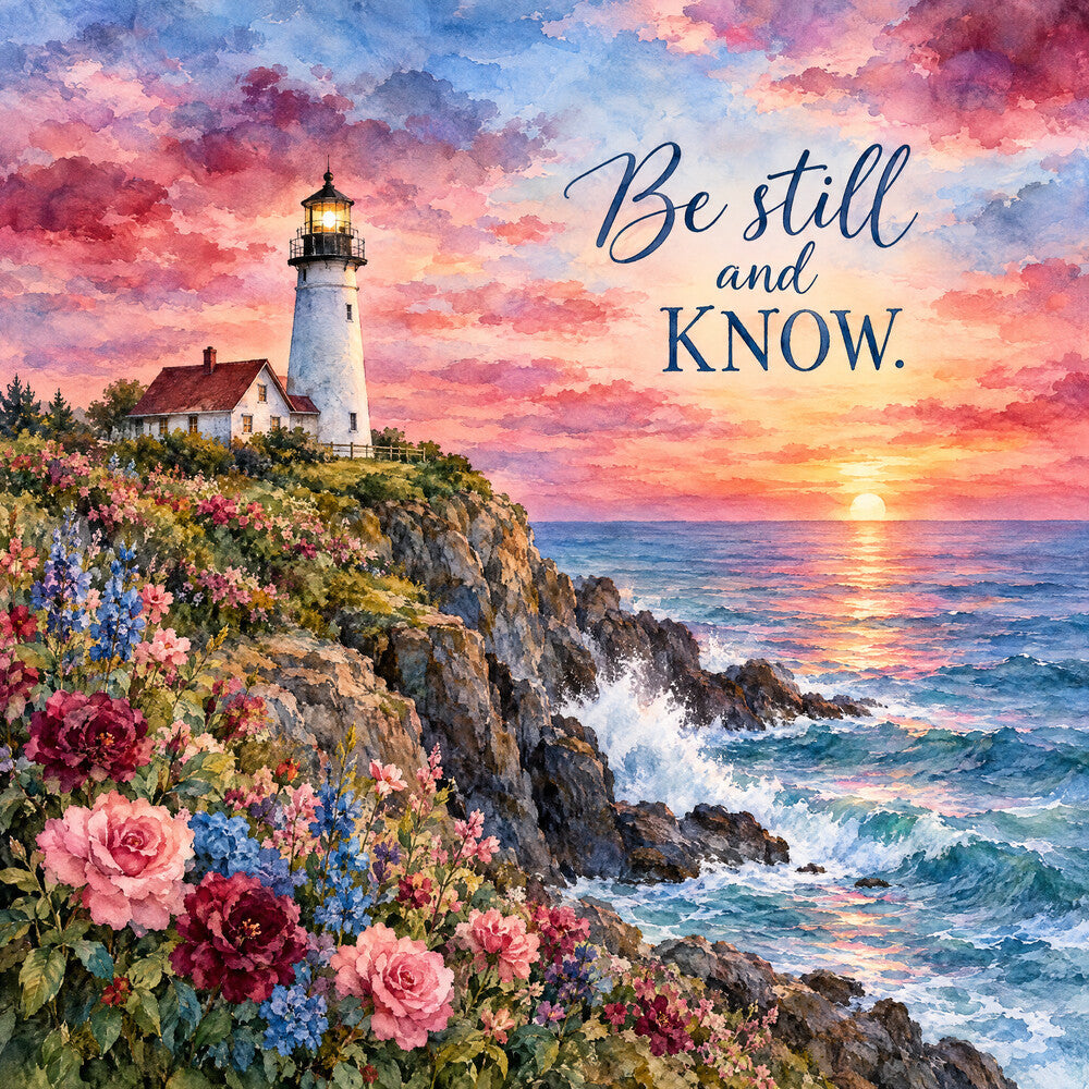 lighthouse, coastal, nautical, ocean, sunset, sunrise, inspirational, quote, "be still and know", pink roses, red roses, blue flowers, floral, wildflowers, rocky cliffs, seaside, beach, coral pink, dusty rose, deep red, navy blue, golden yellow, lavender, watercolor, romantic, elegant, peaceful, serene, nature, scenic