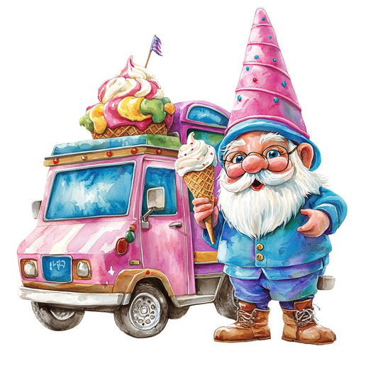 hot pink, bright pink, royal blue, purple, cream, white, gold accents, whimsical, playful, gnome, ice cream truck, candy theme, sweet treats, fantasy, storybook, colorful, cheerful, children's, magical, fairytale, ice cream cone, striped awning, cone shaped hat, novelty, fun, bright and bold, kid's quilt, panel design, whimsy