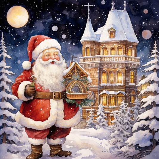 santa claus, christmas scene, winter wonderland, snowy night, red suit, white beard, victorian mansion, snow-covered trees, starry sky, golden moon, fabric panel, quilting cotton, holiday themed, festive design, warm lighting, whimsical illustration, seasonal craft, christmas wreath, snow falling, cozy atmosphere