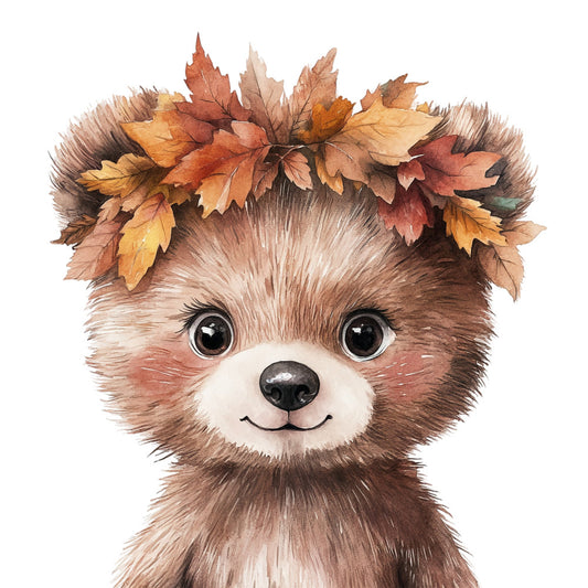 cute bear, woodland animals, autumn leaves, fall colors, brown bear, white face, animal portrait, whimsical style, children's fabric, baby quilt, nursery decor, burnt orange, golden yellow, rust red, tan, forest brown, nature theme, seasonal, autumn theme, fall foliage, leaf crown, playful animals, sweet animal face, kawaii style, decorative panel, wall hanging, kid-friendly, character design, charming wildlife