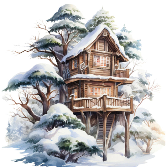 Watercolor Winter Houses Fabric Panel 49