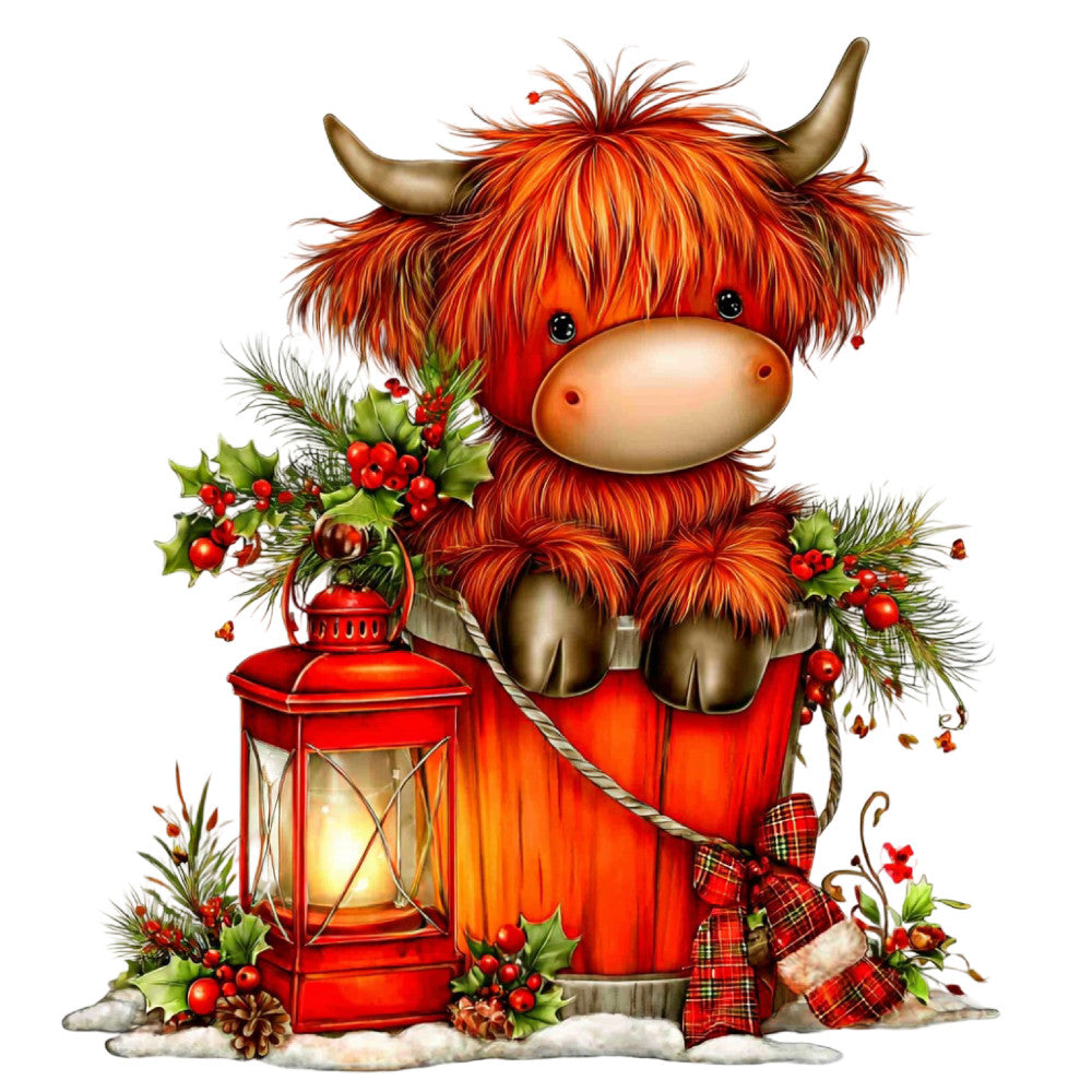 highland cattle, red orange, burnt orange, cream beige, forest green, red plaid, tartan, festive, christmas, winter, holiday, animals, farmhouse, rustic, whimsical, charming, highland cow, holly berries, pine branches, lantern, decorative, seasonal, cozy, traditional, nature-inspired, cottage core, folk art style, gift bag, wall hanging, festive decor
