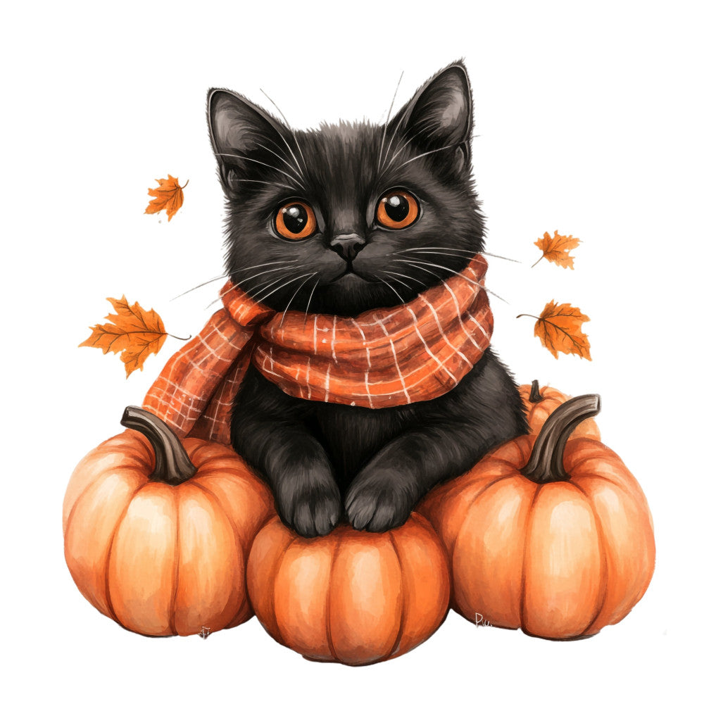 black cat, orange eyes, pumpkins, autumn leaves, fall, halloween, plaid scarf, orange and black, seasonal, whimsical, cute animals, festive, harvest theme, cozy, rustic, traditional, warm colors, burnt orange, cream, nature, seasonal decor, children's, folk art style, decorative, thanksgiving, fall harvest, animal motifs, checkered scarf, seasonal textile