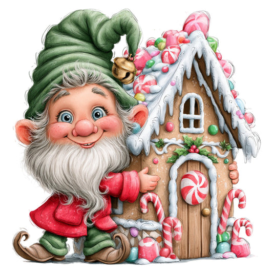 gnome, christmas, holiday, festive, whimsical, gingerbread house, candy, peppermint, forest green, red, cream, white, icing, snow, cheerful, vintage, traditional, seasonal, winter, candy canes, lollipops, decorative, jolly, playful, character panel, christmas theme, holiday decor, gingerbread, sweet treats, nostalgic