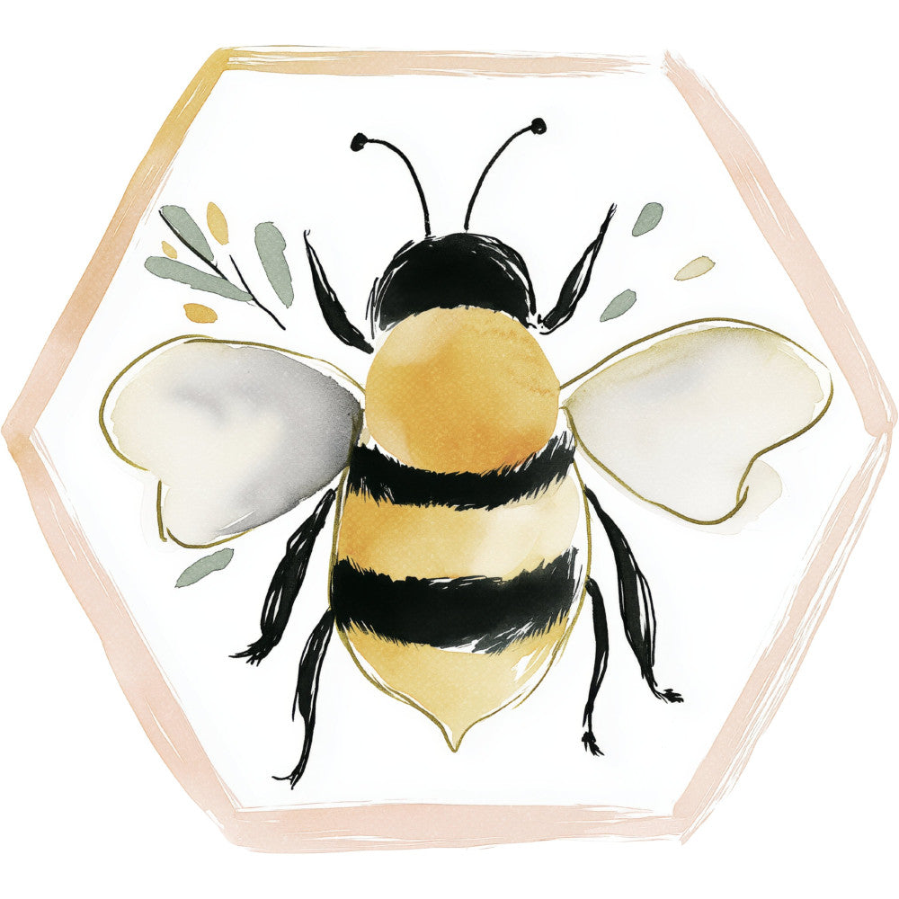 bee, honeybee, bumble bee, yellow and black, cream, soft pink, sage green, gold, nature, insects, botanical, whimsical, spring, summer, garden, honey, pollinator, modern, illustration, watercolor, children's, baby, nursery, cute, charming, naturalistic, floral accents, decorative panel, wall hanging