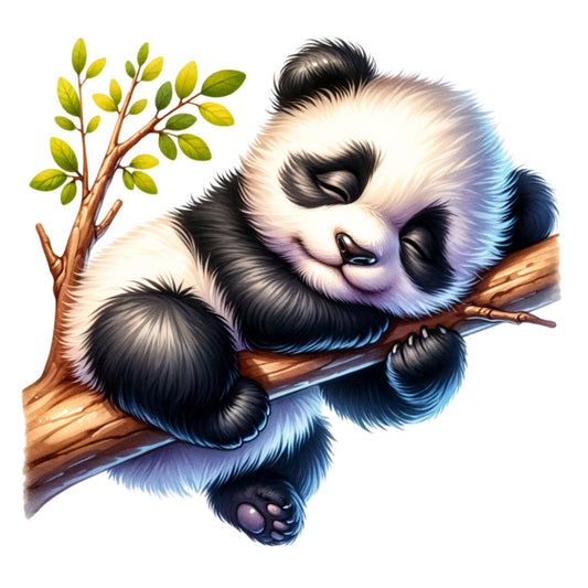 panda, sleeping panda, cute animal, bamboo branch, green leaves, black and white, brown branch, fabric panel, quilting cotton, adorable, peaceful, nature scene, animal illustration, soft colors, children's fabric, nursery theme, wildlife, cozy mood, digital print, craft fabric