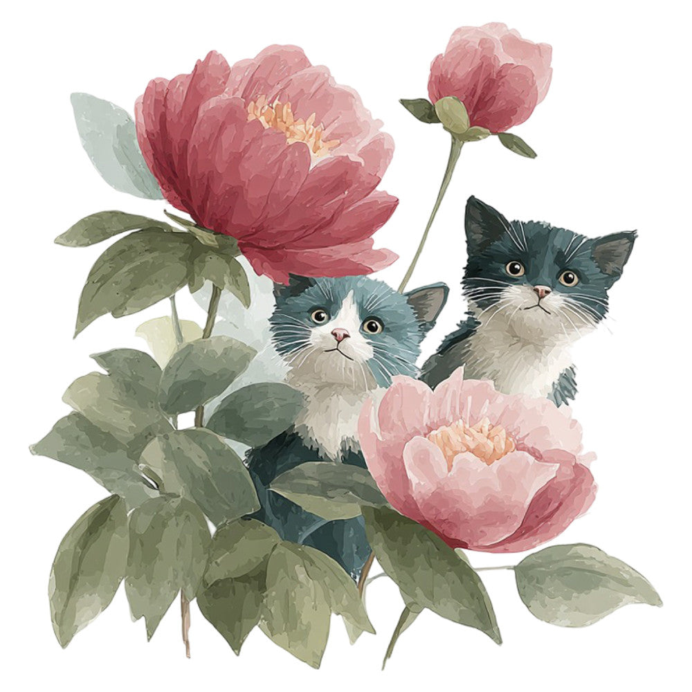 dusty rose, mauve pink, forest green, sage green, teal, cream, white, floral, botanical, cats, kittens, peonies, roses, leaves, foliage, whimsical, elegant, vintage, garden, nature, animals, spring, summer, cottage core, romantic, feminine, nursery, baby, decorative, timeless
