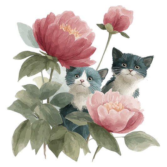 dusty rose, mauve pink, forest green, sage green, teal, cream, white, floral, botanical, cats, kittens, peonies, roses, leaves, foliage, whimsical, elegant, vintage, garden, nature, animals, spring, summer, cottage core, romantic, feminine, nursery, baby, decorative, timeless