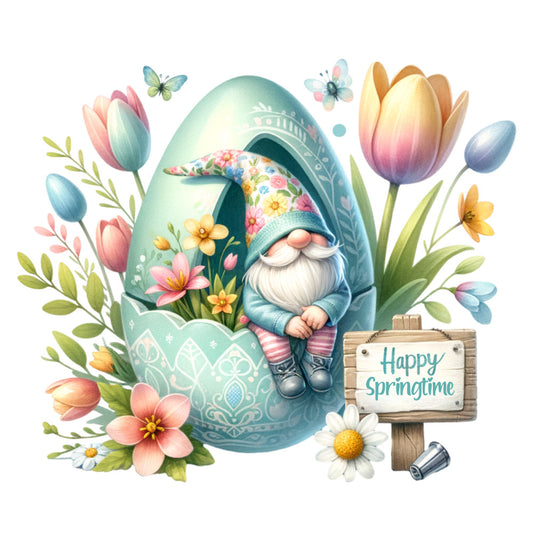 easter gnome, spring flowers, pastel colors, turquoise egg, tulips, daisies, butterflies, floral arrangement, garden gnome, fabric panel, quilting cotton, watercolor style, seasonal design, mint green, coral pink, yellow blooms, whimsical illustration, springtime theme, easter decor, soft pastels