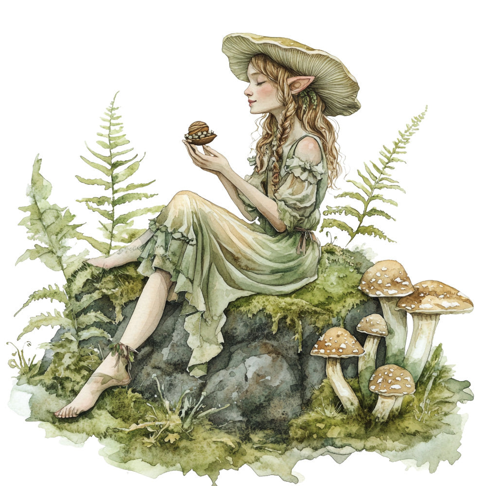 forest green, sage green, cream, tan, brown, watercolor, whimsical, fantasy, fairy tale, woodland, nature, mushrooms, ferns, forest flora, elf, pointed ears, storybook, vintage illustration, botanical, moss, enchanted forest, rustic, ethereal, spring, summer, magical, illustration art, cottage core, natural tones, earthy